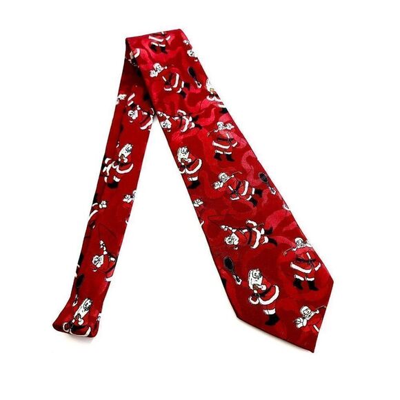 Wembley Christmas Santa Klaus Golf Fishing Red Polyester Jacquard Print Tie - Picture 6 of 6